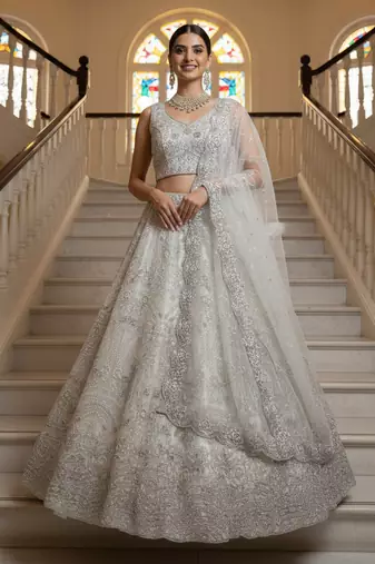 Spellbinding White White Pearl Beads, Thread work, Zari and Dori Embroidered, Zircon Diamond Heavy Net Lehenga Choli