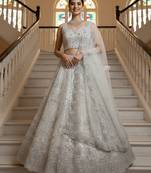 Spellbinding White White Pearl Beads, Thread work, Zari and Dori Embroidered, Zircon Diamond Heavy Net Lehenga Choli
