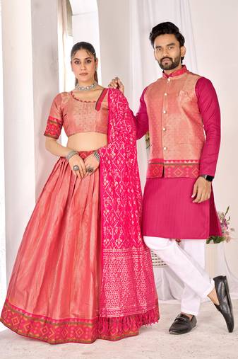 Pink silk men's  kurta with payjama and semi stitched lehenga choli couple combo