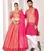 Pink silk men's  kurta with payjama and semi stitched lehenga choli couple combo