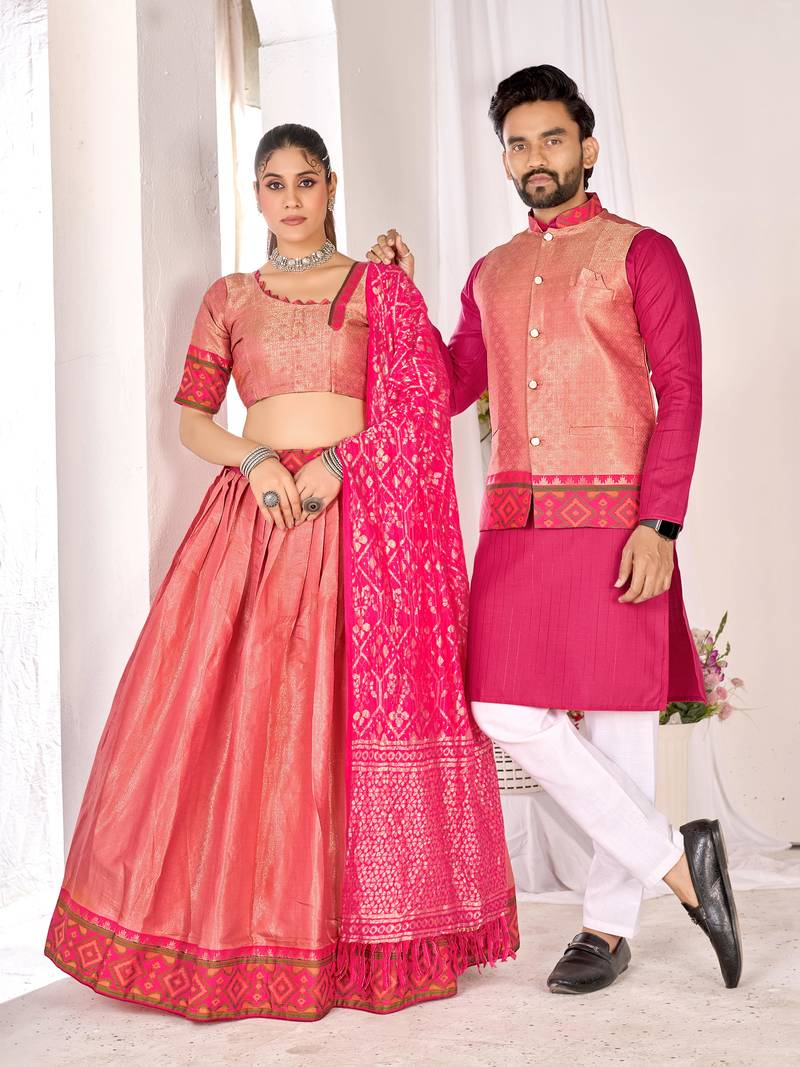 Pink silk men's  kurta with payjama and semi stitched lehenga choli couple combo