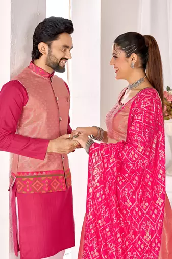 Pink silk men's  kurta with payjama and semi stitched lehenga choli couple combo