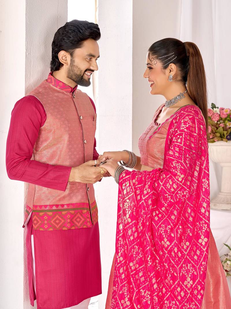 Pink silk men's  kurta with payjama and semi stitched lehenga choli couple combo