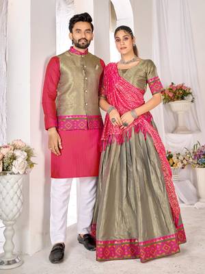 Grey silk men's  kurta with payjama and semi stitched lehenga choli couple combo 1