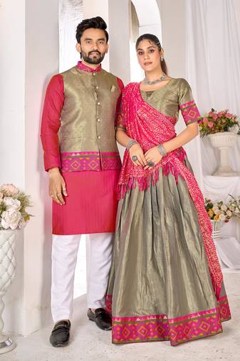 Grey silk men's  kurta with payjama and semi stitched lehenga choli couple combo