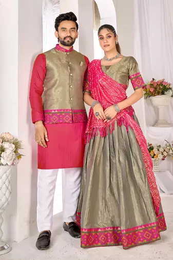 Grey silk men's  kurta with payjama and semi stitched lehenga choli couple combo
