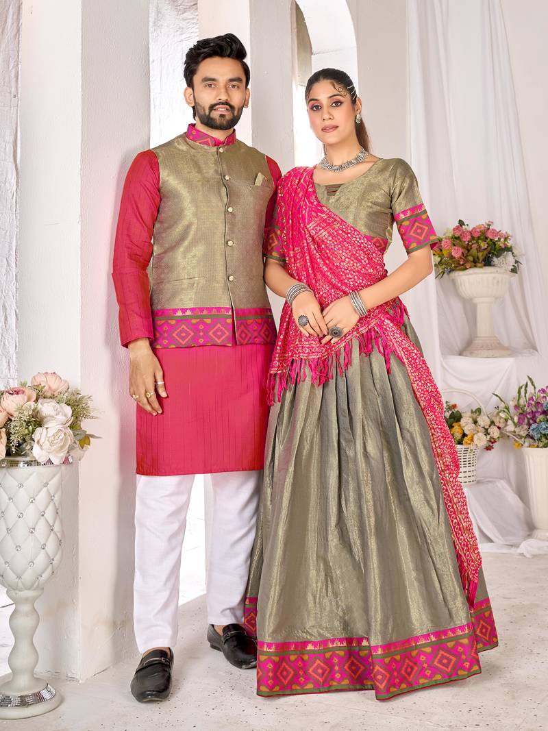 Grey silk men's  kurta with payjama and semi stitched lehenga choli couple combo