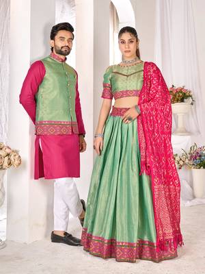 Green silk men's  kurta with payjama and semi stitched lehenga choli couple combo 1
