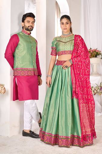 Green silk men's  kurta with payjama and semi stitched lehenga choli couple combo