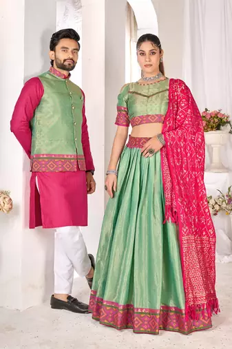 Green silk men's  kurta with payjama and semi stitched lehenga choli couple combo