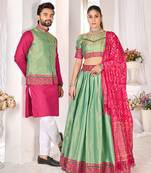 Green silk men's  kurta with payjama and semi stitched lehenga choli couple combo