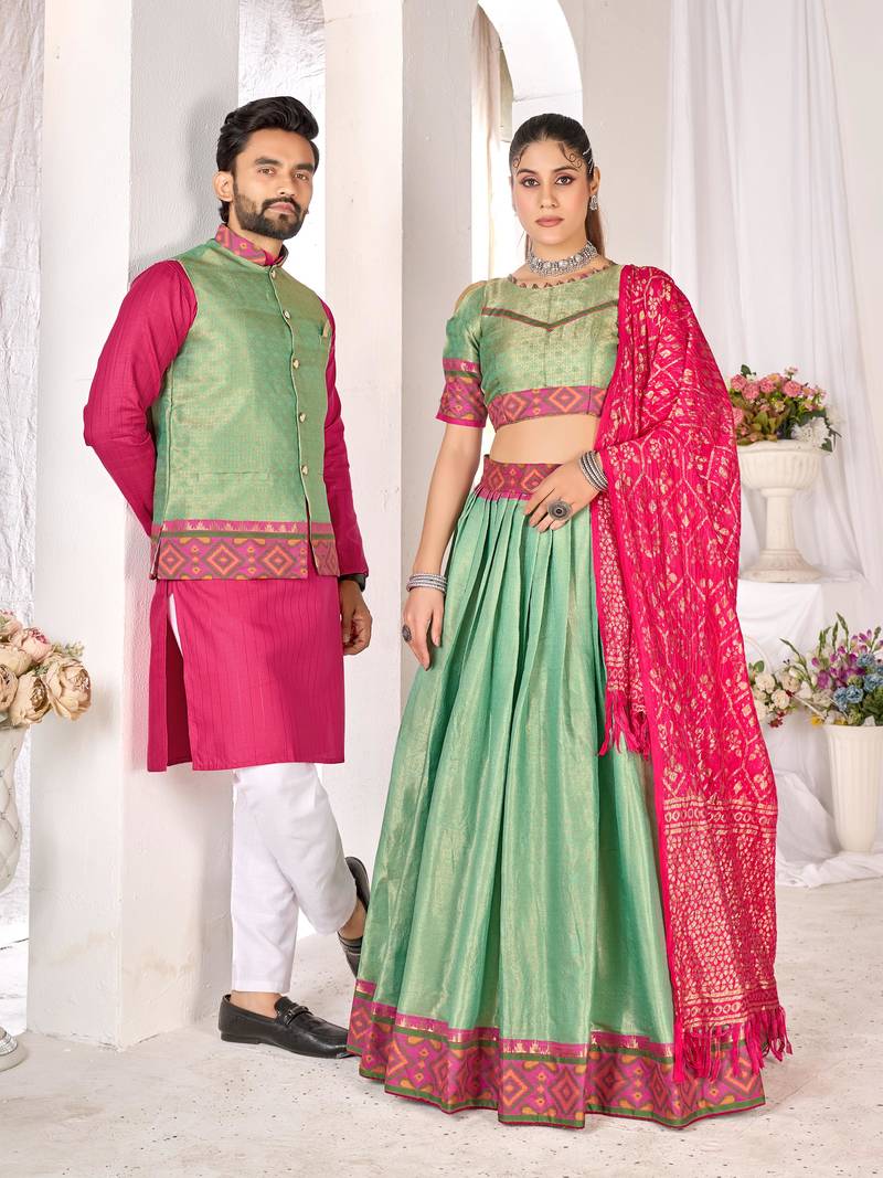 Green silk men's  kurta with payjama and semi stitched lehenga choli couple combo