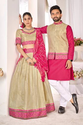 Cream silk men's  kurta with payjama and semi stitched lehenga choli couple combo
