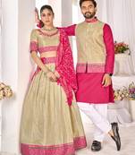 Cream silk men's  kurta with payjama and semi stitched lehenga choli couple combo