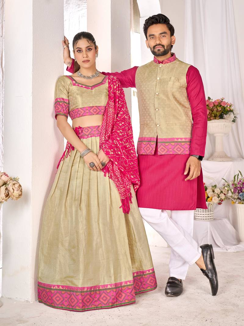 Cream silk men's  kurta with payjama and semi stitched lehenga choli couple combo