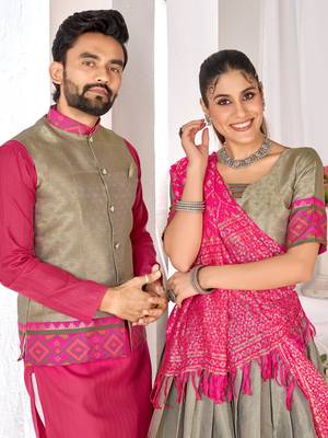 Grey silk men's  kurta with payjama and semi stitched lehenga choli couple combo 2