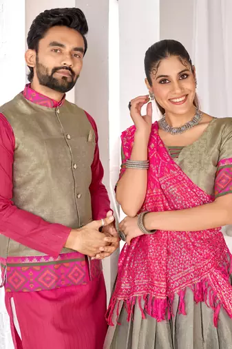 Grey silk men's  kurta with payjama and semi stitched lehenga choli couple combo