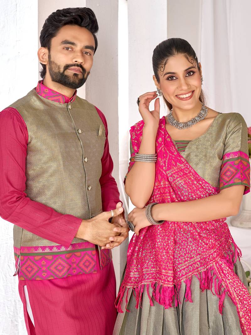 Grey silk men's  kurta with payjama and semi stitched lehenga choli couple combo