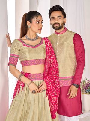 Cream silk men's  kurta with payjama and semi stitched lehenga choli couple combo 2