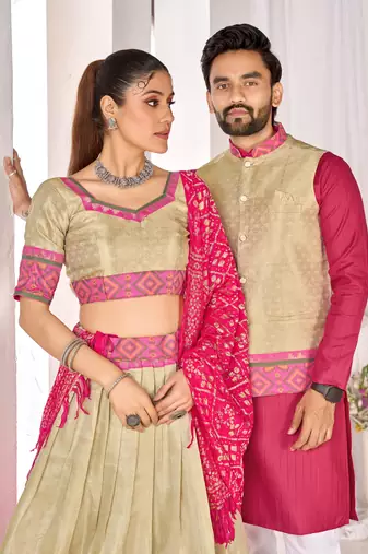 Cream silk men's  kurta with payjama and semi stitched lehenga choli couple combo