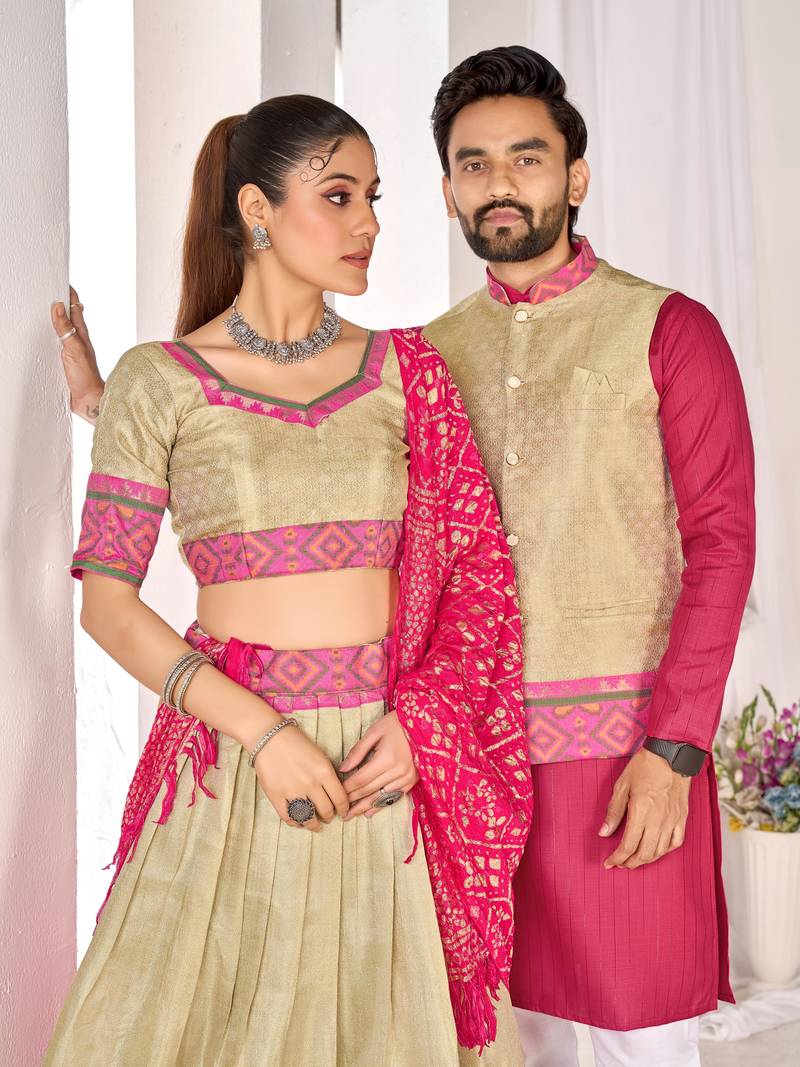 Cream silk men's  kurta with payjama and semi stitched lehenga choli couple combo
