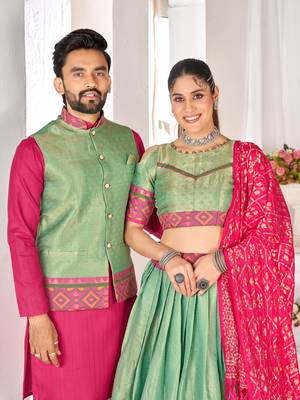 Green silk men's  kurta with payjama and semi stitched lehenga choli couple combo 2
