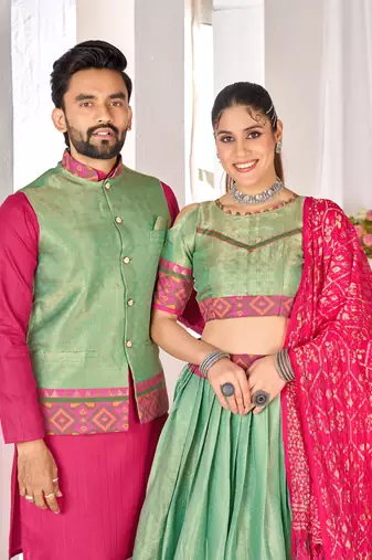 Green silk men's  kurta with payjama and semi stitched lehenga choli couple combo