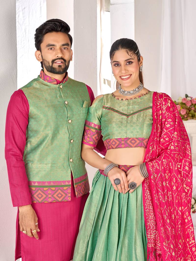 Green silk men's  kurta with payjama and semi stitched lehenga choli couple combo
