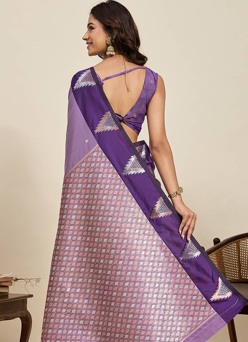 lavender color soft art silk woven jari designer saree