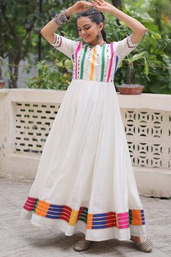 White Roman Fabric Semi Stitched Gown for Women | Thread & Mirror Work Designer Gown | Elegant Festive & Party Wear