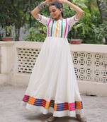 White Roman Fabric Semi Stitched Gown for Women | Thread & Mirror Work Designer Gown | Elegant Festive & Party Wear