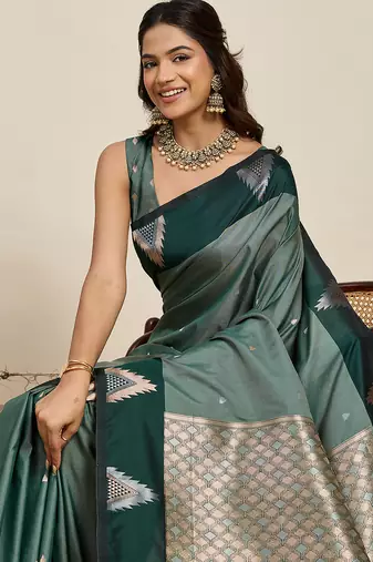 green soft art silk blend woven zari saree