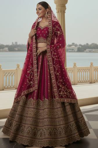 Dreamy Raspberry Pattern Fancy Lace, Thread, Chapat Zari,Sequince Embroidered Gadhwal Silk Premium Lehenga Choli