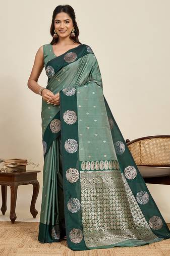 green color soft art silk fabric woven jari designer ceremonial partywear saree