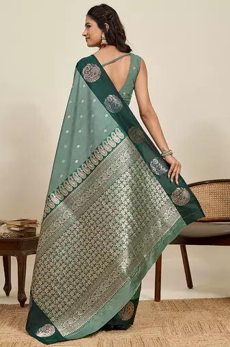 green soft art silk blend woven zari ceremonial partywear saree