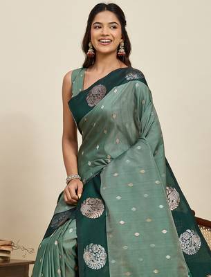 green soft art silk blend woven zari ceremonial partywear saree 3