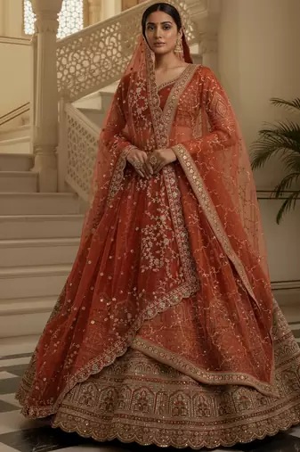 Orange Fancy Lace work, Details Thread, Sequince, Chapat Zari Embroidered Gadhwal Silk Designer lehenga choli