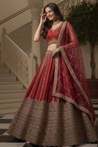 inviting Red Fancy Lace, Thread, Sequince, Chapat Zari Embroidered Gadhwal Silk Premium wedding lehenga for women