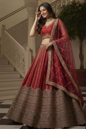 inviting Red Fancy Lace, Thread, Sequince, Chapat Zari Embroidered Gadhwal Silk Premium wedding lehenga for women