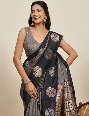 grey soft art silk blend woven zari ceremonial partywear saree 3