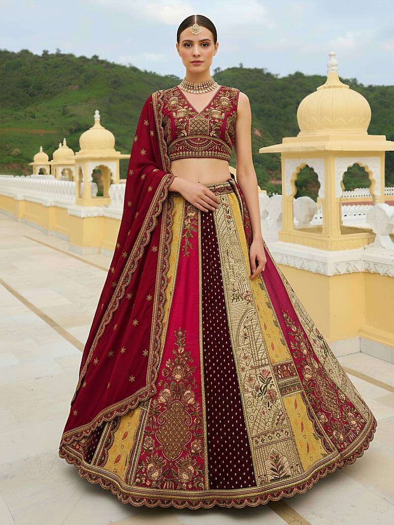 fascinating Multi & Red Mirror Handwork, Dori, Sequins Embroidered, Lace and Patch work Silk wedding lehenga