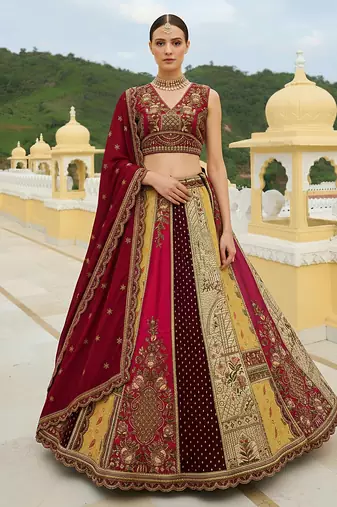 fascinating Multi & Red Mirror Handwork, Dori, Sequins Embroidered, Lace and Patch work Silk wedding lehenga