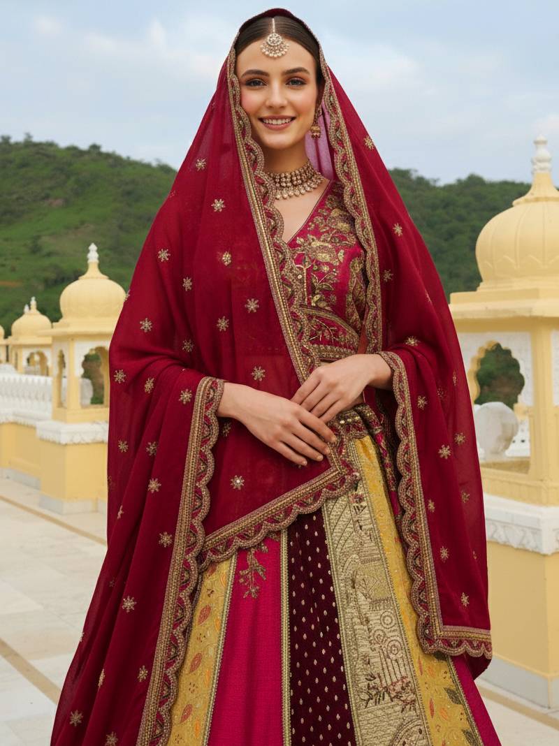 fascinating Multi & Red Mirror Handwork, Dori, Sequins Embroidered, Lace and Patch work Silk wedding lehenga