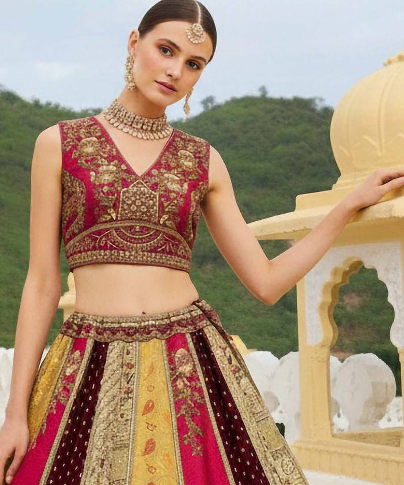 fascinating Multi & Red Mirror Handwork, Dori, Sequins Embroidered, Lace and Patch work Silk wedding lehenga
