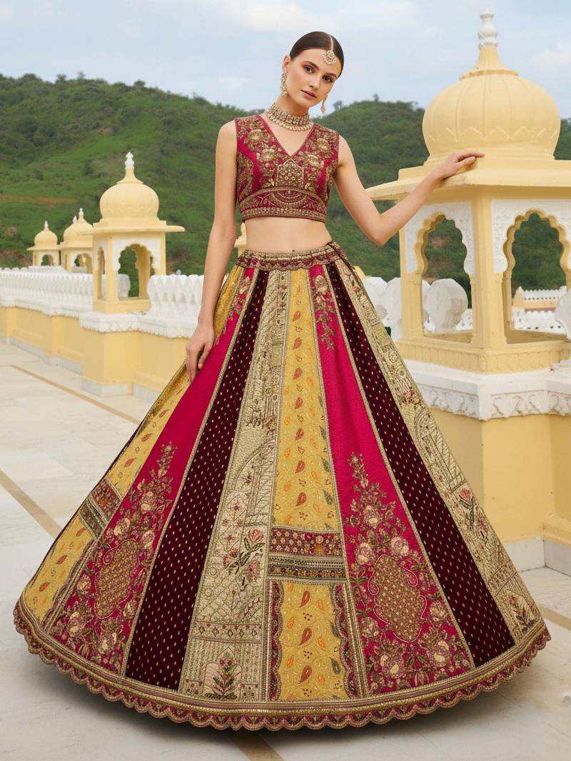 fascinating Multi & Red Mirror Handwork, Dori, Sequins Embroidered, Lace and Patch work Silk wedding lehenga