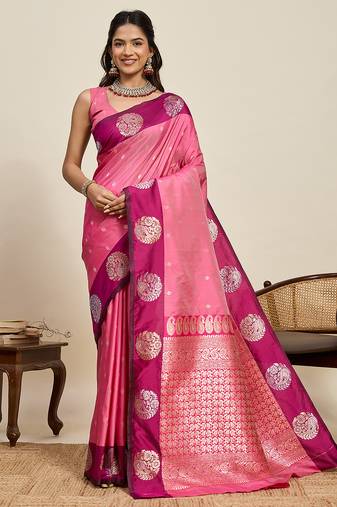 pink color soft art silk fabric woven jari designer ceremonial partywear saree