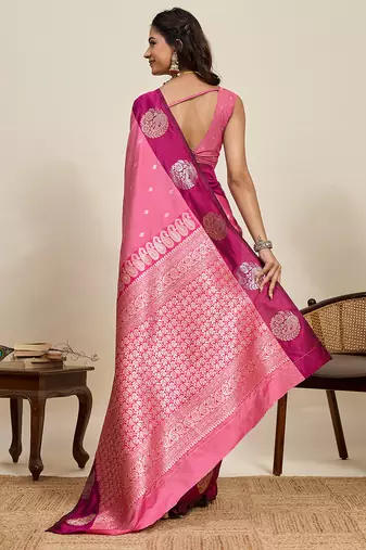 pink soft art silk blend woven zari ceremonial partywear saree