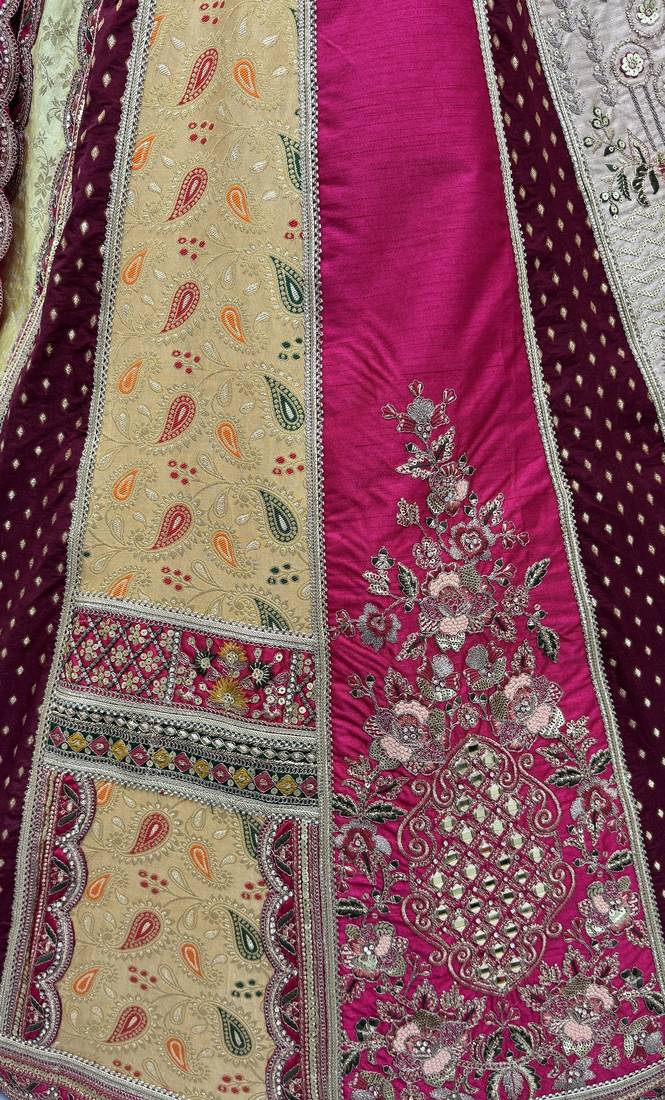 fascinating Multi & Red Mirror Handwork, Dori, Sequins Embroidered, Lace and Patch work Silk wedding lehenga
