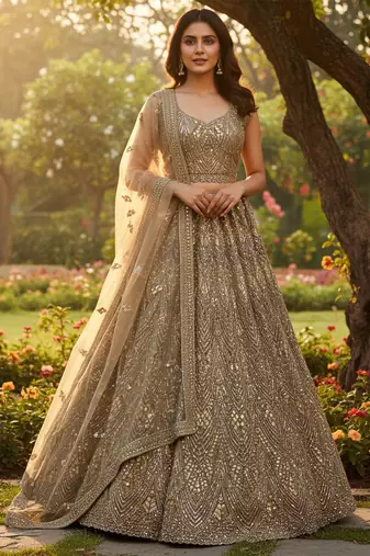 intriguing Golden Fancy Pattern, Sequins, Dori Embroidered, Zircon Diamond Studded Net wedding lehengas for women