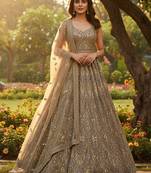 intriguing Golden Fancy Pattern, Sequins, Dori Embroidered, Zircon Diamond Studded Net wedding lehengas for women